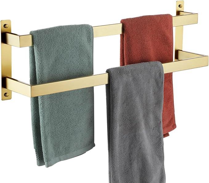 KOKOSIRI Bath Towel Bars Bathroom 2-Tiers Ladder Brushed Gold Towel Rails 24 Inches Towel Holders Wall Mounted Towels Shelves Rack Stainless Steel, B5008BG-L24 - ModernBath