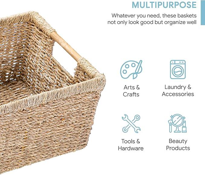 Large Wicker Basket Rectangular with Wooden Handles for Shelves, Seagrass Basket Storage, Natural Baskets for Organizing, Wicker Baskets for Storage - 3 Pack Large - ModernBath