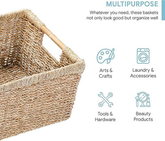 Large Wicker Basket Rectangular with Wooden Handles for Shelves, Seagrass Basket Storage, Natural Baskets for Organizing, Wicker Baskets for Storage - 3 Pack Large - ModernBath