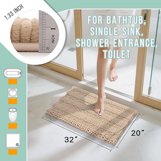 Yimobra Bathroom Rug Mat 32 x 20, Non Slip and Super Absorbent Bath Mat,Machine Washable Quick Dry,Ultra Plush Chenille Shower Rugs for Bathroom Floor Sink Tub and Shower Outside, Beige - ModernBath