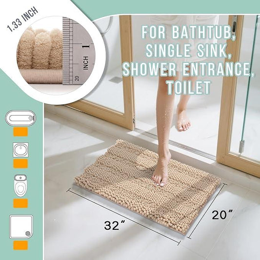 Yimobra Bathroom Rug Mat 32 x 20, Non Slip and Super Absorbent Bath Mat,Machine Washable Quick Dry,Ultra Plush Chenille Shower Rugs for Bathroom Floor Sink Tub and Shower Outside, Beige - ModernBath