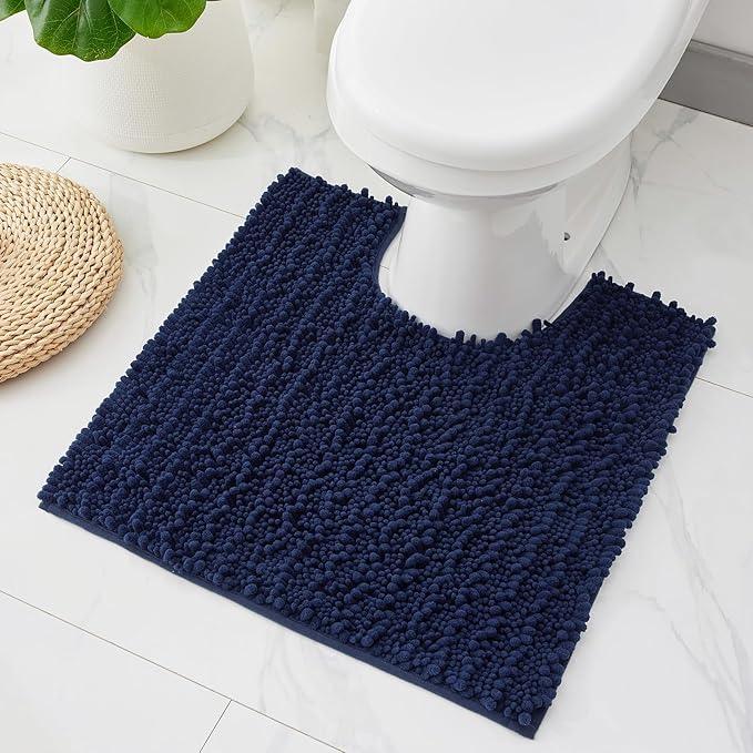 ILANGO Toilet Rugs U Shaped Navy Blue 24x24 Bathroom Rugs,Extra Soft Absorbent Chenille Bath Rugs,Thick Non-Slip Shaggy Bath Mat,Machine Washable Quick Dry Bath Mats for Toilet Contour - ModernBath
