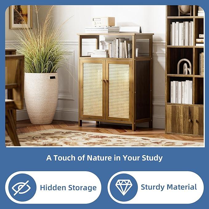 HITNET Rattan Bathroom Floor Cabinet, Freestanding Bamboo Storage Cupboard with 2 Doors, Living Room Sideboard, Space Saving, Walnut - ModernBath