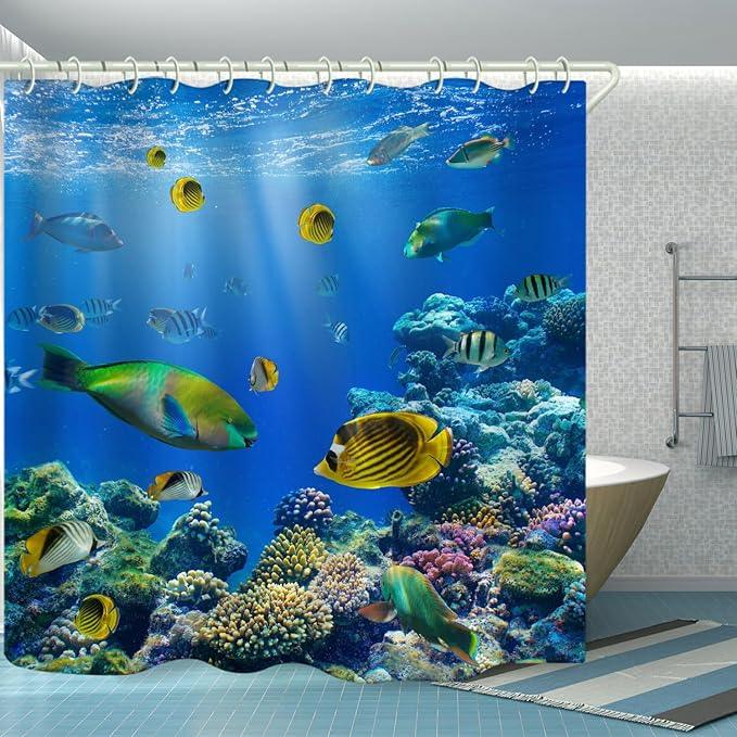 LYFANS Bathroom Uses Underwater World 3D Shower Curtains, Luxurious Bathtub Waterproof Shower Curtain, Bright Fabric Shower Curtains, Including 12 White Hooks, Size (59x72 inches) - ModernBath