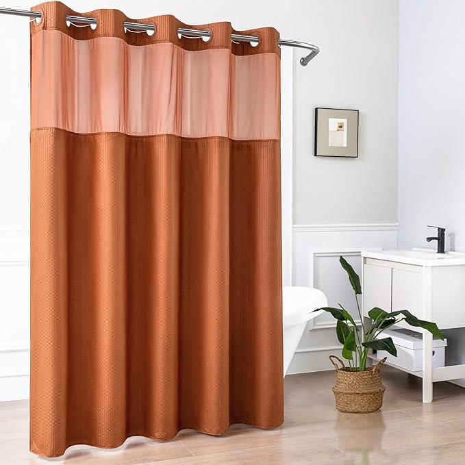 Mrs Awesome No Hook Shower Curtain with Snap-in Liner, Embossed Waffle Design Fabric Shower Curtain for Bathroom, Soft & Lightweight, 71x74, Taerracotta - ModernBath