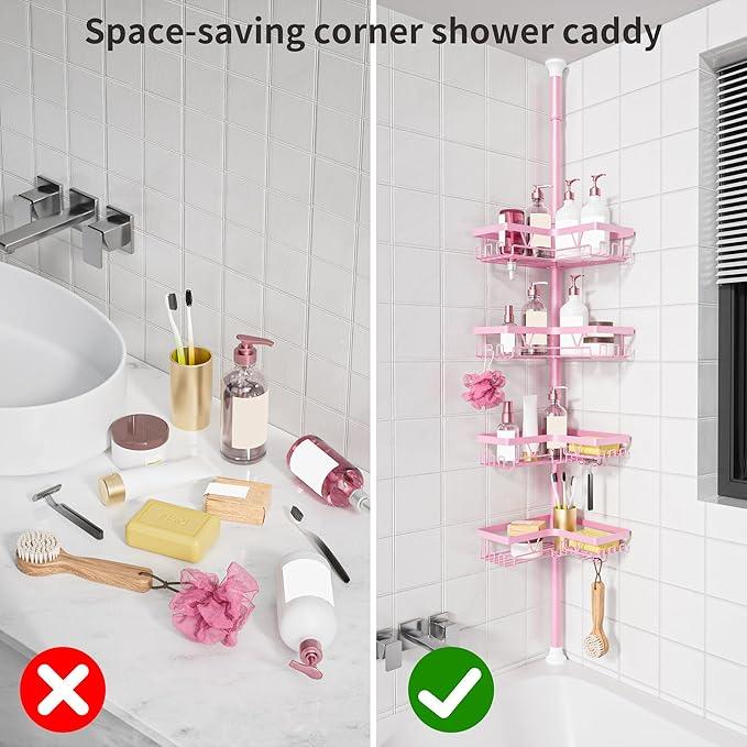 KEGII Shower Caddy Tension Pole, 4-Tier Rustproof Adjustable Corner Bathroom Organizer for Renters, 25–114.2 Inch No Drill Space-Saving Shower Storage Rack, Pink - ModernBath