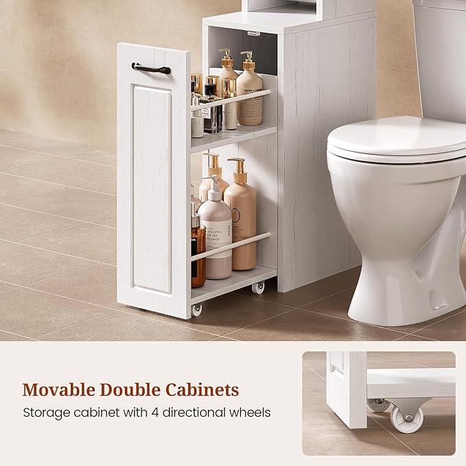 Farmhouse Over The Toilet Storage Cabinet with Pulley Small Bathroom Storage Cabinet, Space Saver W/Adjustable Shelf & Open Shelf for Bathroom, Restroom, Laundry (White Brown-Type B) - ModernBath