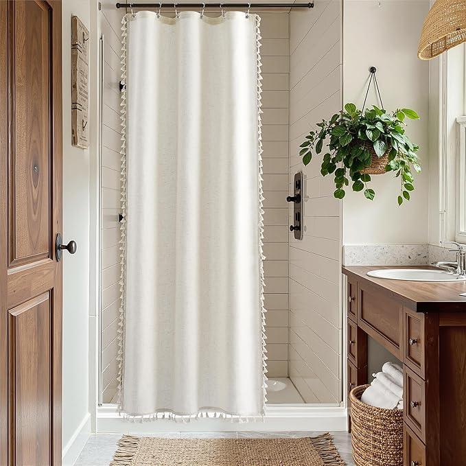 Nanspring Stall Natural Boho Linen Shower Curtain 36 Inch Rustic Cottagecore Narrow Fabric Shower Curtain Set with Hooks for Bathroom Modern Farmhouse Camper RV Tassel Bath Curtain 36x72, Cream - ModernBath