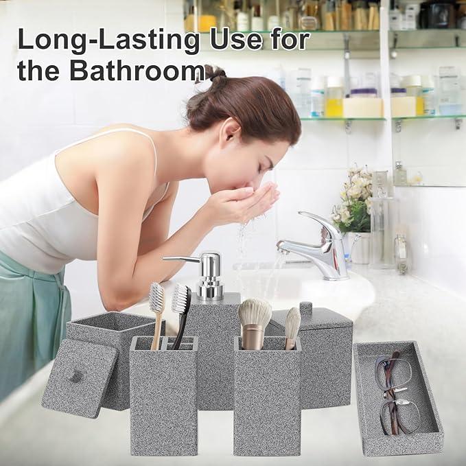 Gray Bathroom Accessories Set Resin 6PCS, Square Toothbrush Holders Set Complete with Soap Dispenser, Vanity Tray, Tumbler, Cups and Cotton Swab Jars for Counter, Sink or Small Spaces - ModernBath