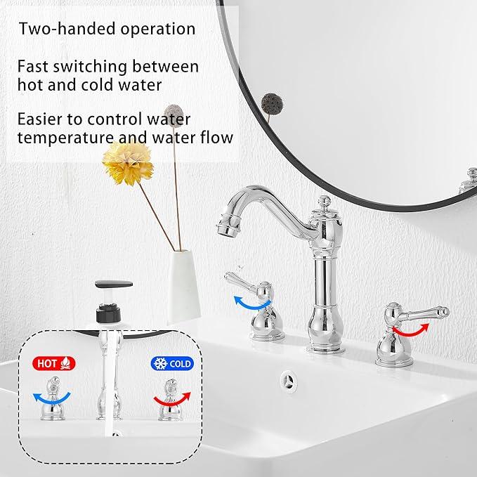 GGStudy 2 Handles 3 Holes Faucet Widespread Bathroom Sink Faucet Basin Tap Mixer Supply Hose Included Matching Pop Up Drain Polished Chrome - ModernBath