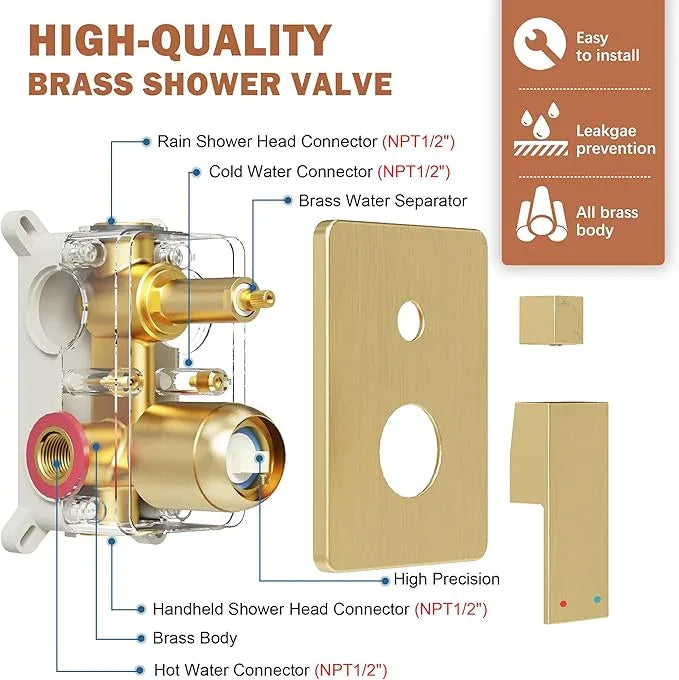 HoliSpa Shower System, Gold Shower Faucet Set with 12-Inch Rain Showerhead and Handheld Spray, Wall Mounted High-Pressure Showerhead Combo Set Included Valve and Trim, Brushed Gold - ModernBath
