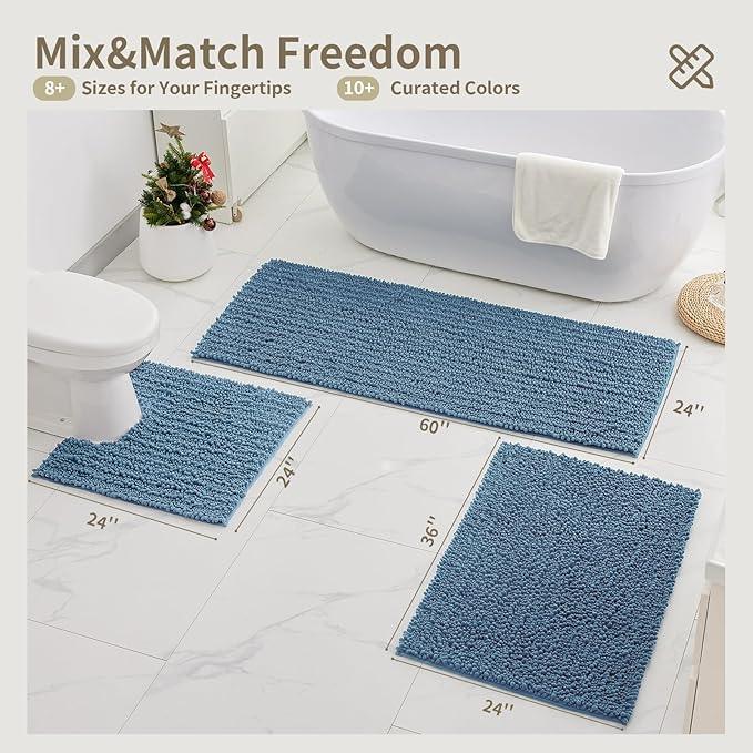 Ruggnovea Chenille Bathroom Rugs Non Slip Washable 32x20, Extra Thick Soft Absorbent Chenille Bath Mat, Non-Slip Barrier Backing, Quick Dry Machine Washable Bath Mats Tub, Shower,Floor/Sink,Blue - ModernBath