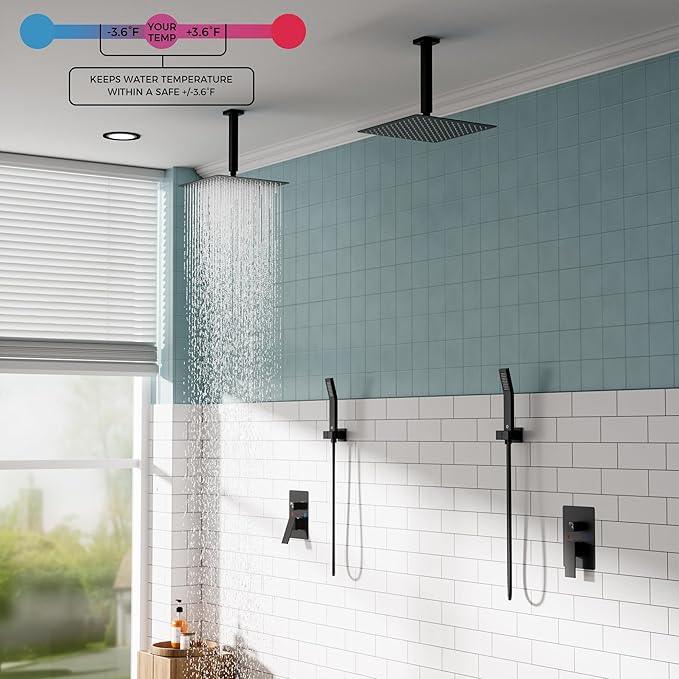 FORIOUS Shower Head System, 10 Inch Rain Shower Faucet Set with Handheld Spray Combo Rough-in Valve, Solid Brass Pressure Balanced Valve Trim Kit, Ceiling Mount, Matte Black - ModernBath