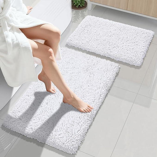 Yimobra Bathroom Rug Set 2 Piece, Luxury Shaggy Bath Mat Set with Non Slip Backing, Ultra Soft & Absorbent Mats for Bathroom Floor, Machine Washable, 31.5"x20"+24"x17", White - ModernBath