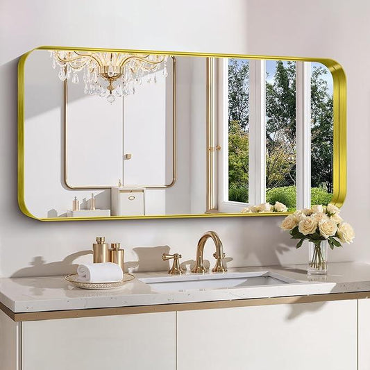 FORBATH 24x48 Inch Bathroom Mirror, Brushed Gold Deep Frame Narrow Wall Mirror with Rounded Corners, Anti-Rust Tempered Glass for Modern Farmhouse Vanity (Horizontal/Vertical) - ModernBath