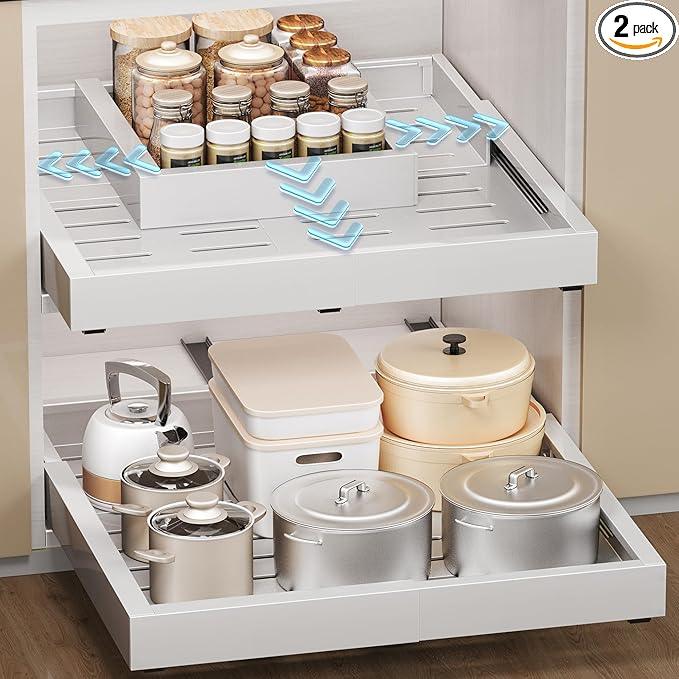 2 Pack Pull Out Cabinet Organizer, Slide Out Drawer Expandable Width (12"-19") and Depth (17"-23") With 3 Slides, Fixed with Adhesive Film or Nail for Cabinets in Kitchen, Pantry or Bathroom - ModernBath