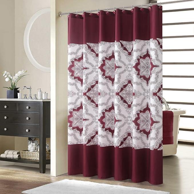 BESTRIPES Extra Long Burgundy Shower Curtain 90 Inches, Water Repellent Fabric with Medallion Pattern, 12 Metal Grommets & Weighted Hem - ModernBath