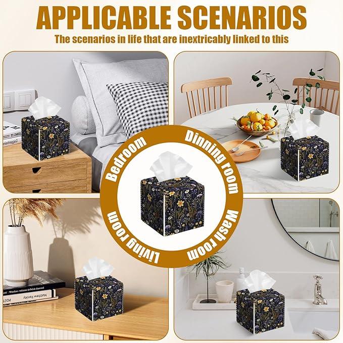 Wildflower Herb Tissue Box Cover 2PCS, Purple Flower Leather Tissue Box Holder Square Facial Paper Case Tissue Box Cube Organizer for Bathroom Bedroom Desk Office - ModernBath
