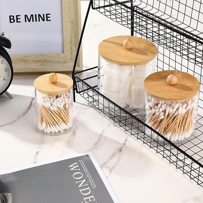 Meanplan 9 Pack Plastic Apothecary Jars with Lids Acrylic Holder Dispenser for Bathroom, 10/22/39 oz Clear Plastic Storage Jars Floss Container for Swab Cotton Ball, 3 Sizes (Wooden Lid) - ModernBath