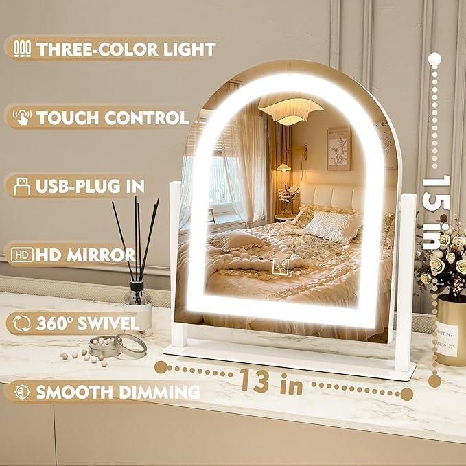 ROLOVE Lighted Makeup Mirror with 3-Color Dimmable Lighting, with Removable 10x Magnifier, Smart Touch Control, 360° Rotation, 15" x 13" Hollywood Vanity Mirror for Tabletop or Desk (White) - ModernBath