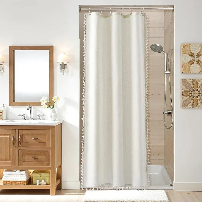 Nanspring Stall Natural Boho Linen Shower Curtain 36 Inch Rustic Cottagecore Narrow Fabric Shower Curtain Set with Hooks for Bathroom Modern Farmhouse Camper RV Tassel Bath Curtain 36x72, Cream - ModernBath