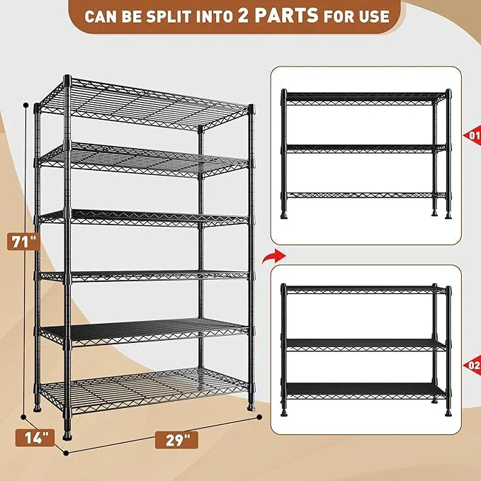 REIBII 71" H Metal Shelves 6 Tier Storage Shelves 1200LBS Adjustable Shelving Units and Wire Shelving Unit Storage Rack Shelf Metal Shelving, 71" H x 29" W x 14" D - ModernBath
