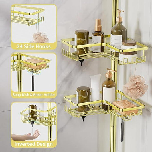 KEGII Corner Gold Shower Caddy Tension Pole - 4-Tier Rustproof Shower Rod Organizer, Floor to Ceiling Tension Rod 25-114.2 inch, Stainless Steel Corner Shower Shelf, Waterproof - ModernBath