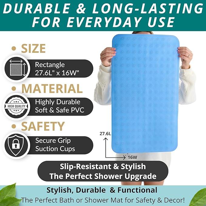 ENKOSI Non Slip Shower Mat – Bath Mat for Tub and Shower Floors – Anti Slip Bathtub Mat with Strong Suction Cup Grip – Soft, Blue Bathroom Mat for Inside Bath and Shower Floors (28x16 Aqua Blue) - ModernBath