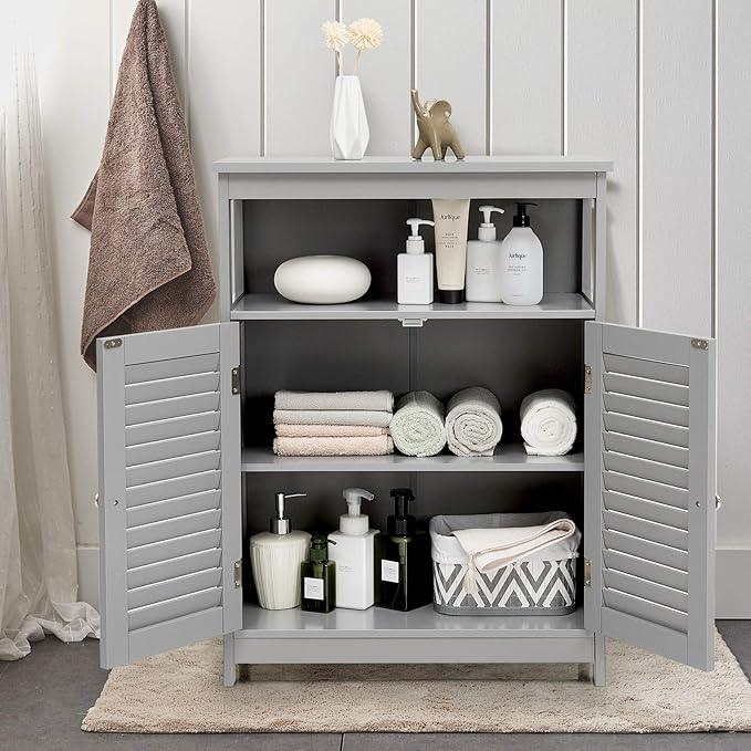 Tangkula Bathroom Floor Cabinet, Wooden Freestanding Storage Cabinet with Double Shutter Door & Adjustable Shelf, Storage Cabinet for Bathroom Living Room (Grey) - ModernBath