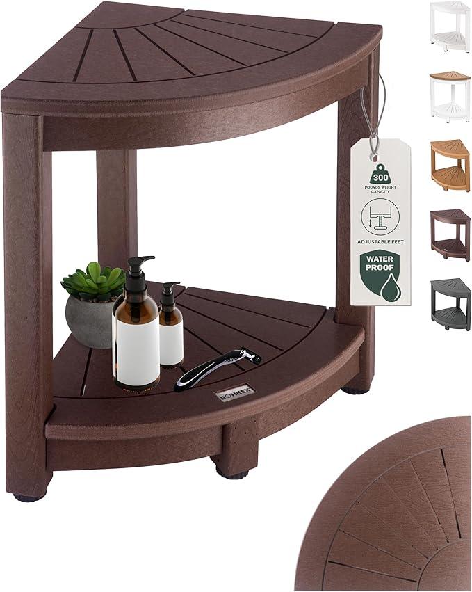 ROHKEX Corner Shower Stool - L-Shaped, Brown HDPE - Adjustable Non-Slip Legs & Corner Bench - Double-Layer Shelf & Shaving Stool - Protective Rubber Feet & Waterproof Bench Home Decor Gift Idea - ModernBath