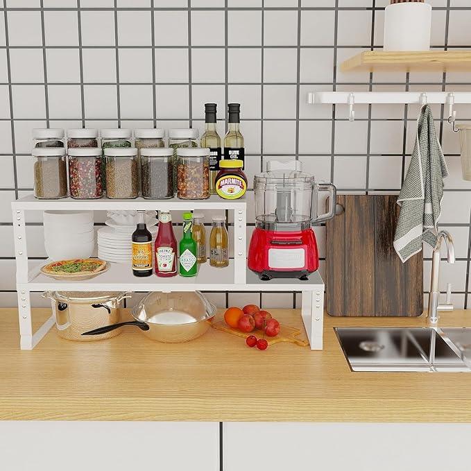 Expandable Cabinet Shelf Organizer Storage Spice Rack Shelves for Kitchen Stackable Adjustable Pantry Cupboard Bathroom Countertop Desktop(2Packs/White/Large) - ModernBath