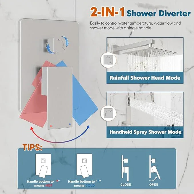 Kurpot Shower System, 10'' High Pressure Brushed Nickel Shower Head with Handheld Spray Combo, Included 59'' Shower Hose, Shower Trim Kit and 2-IN-1 Diverter, Bathroom Shower Faucet Set with Valve - ModernBath