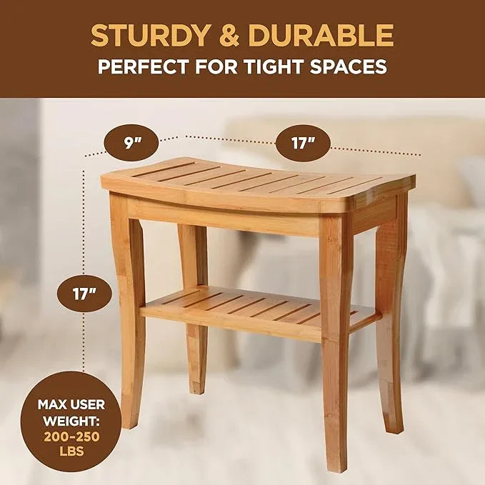 Bamboo Shower Bench - Small Wooden Shower Stool with Storage Shelf, Non-Slip Bathroom Seat, Spa Decor Bath Bench, Foot Rest Shaving Stool for Shower, Indoor Outdoor Use, Great Gift Idea (17" x 9 x 17) - ModernBath