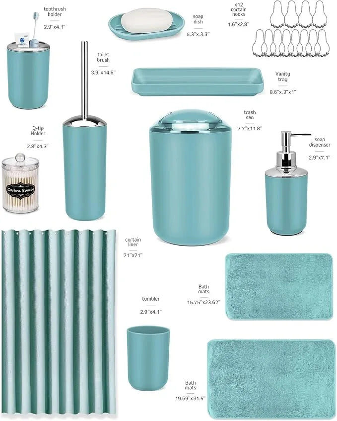 IMAVO Blue Bathroom Accessories,Non Slip Absorbent Bathroom Rugs and Waterproof Shower Curtain with Hooks,Complete Bathroom Set for Bathroom Décor - ModernBath