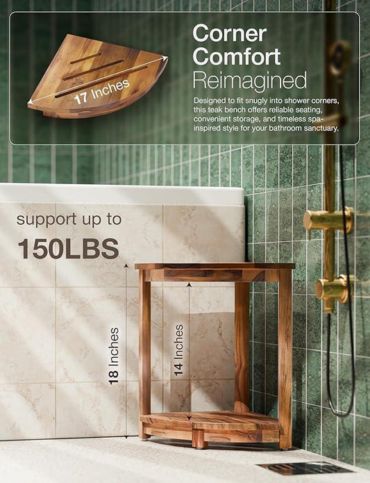 HOLANA 18" Teak Corner Shower Stool for Inside Shower – Teak Corner Shower Bench with Storage Shelf – Shower Foot Rest and Shower Stool for Shaving Legs – Compact Teak Shower Stool for Indoor Use - ModernBath