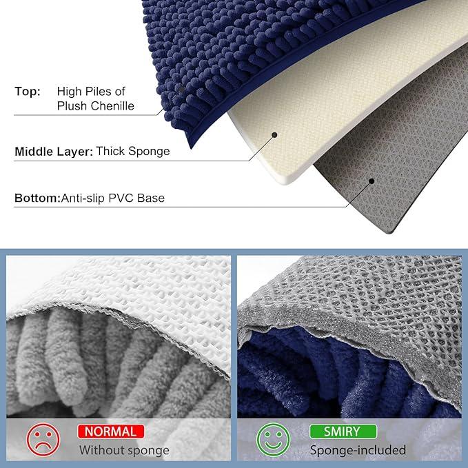 Smiry Luxury Chenille Bathroom Rugs 30x20, Extra Soft and Absorbent Shaggy Bath Mat, Machine Washable, Non-Slip Plush Carpet Runner for Tub, Shower, and Floor, Home Decor Accessories, Navy Blue - ModernBath