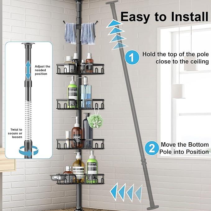 Corner Shower Caddy Tension Pole,39-113 inch Adjustable Rustproof Floor Standing Shower Organizer Shelf with 4 Basket for Bathtub,Inside Shower Shampoo Storage,Black - ModernBath