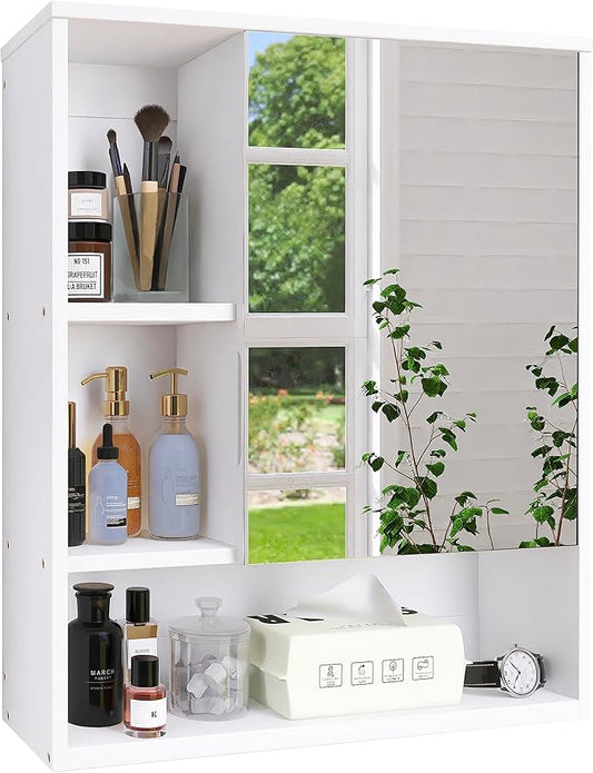 SMIBUY Bathroom Mirror Cabinet Wall Mounted, Bamboo Space Saver Medicine Cabinet, Wall Hanging Over Toilet Storage Cabinet with Mirror Door and Adjustable Shelf (White)