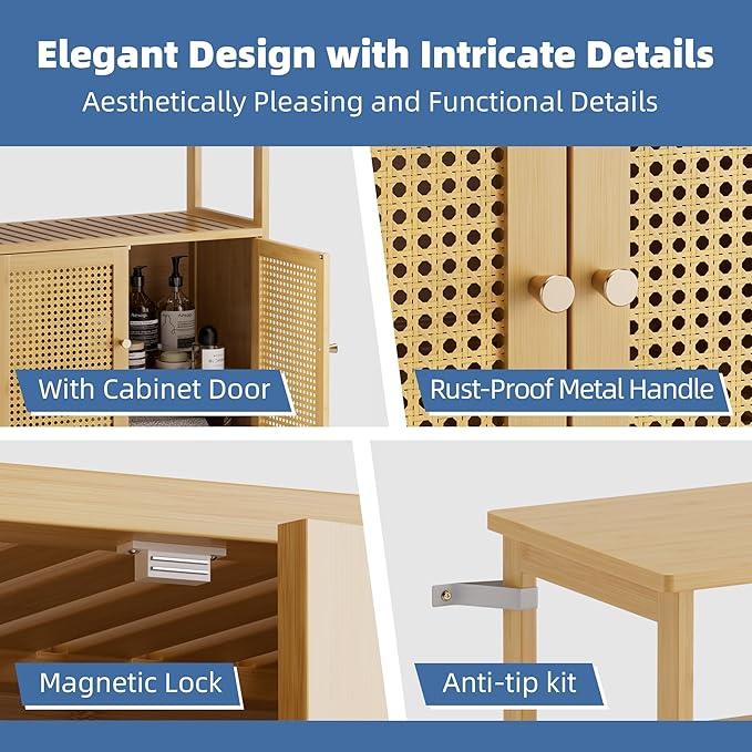HITNET Rattan Bathroom Storage Cabinet, Bamboo Floor Cupboard with 2 Doors, Freestanding Side Organizer for Living Room, Kitchen, Entryway, Natural - ModernBath