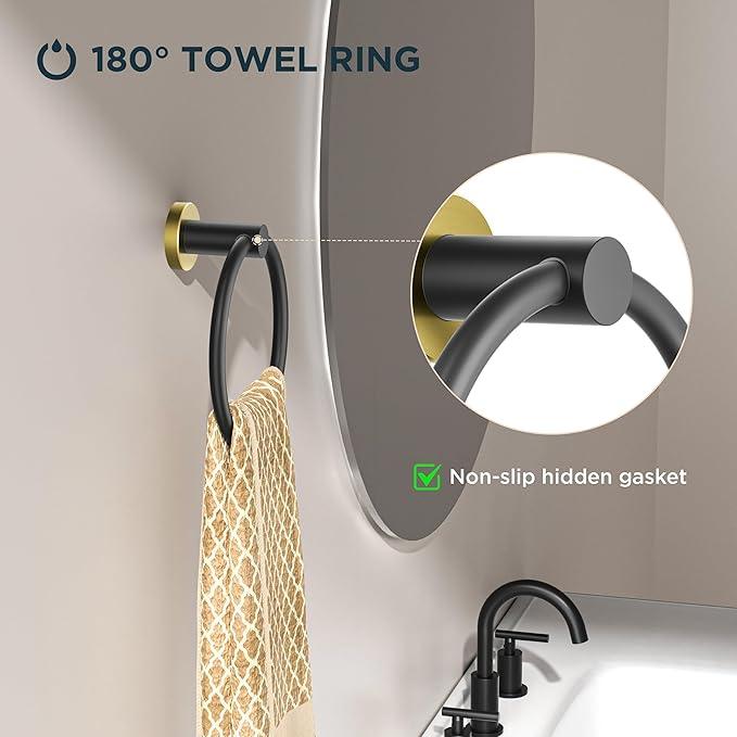 FORIOUS Toilet Paper Holder Wall Mount, SUS304 Stainless Steel Double Post Pivoting Tissue Roll Holder and Hand Towel Ring Set for Bathroom, RV, Bathroom Hardware Accessories Set, Black Gold - ModernBath