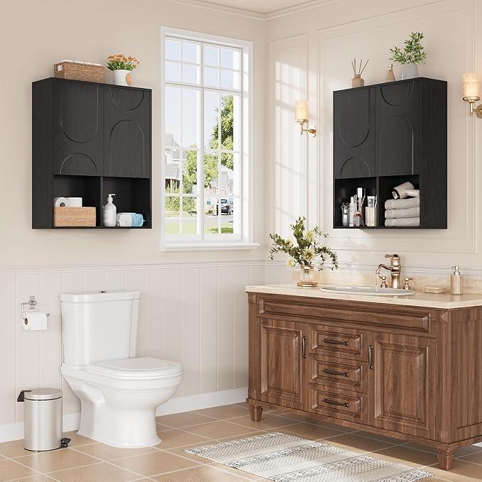 Bathroom Wall Cabinet, 24x30 Inch Small Over The Toilet Storage Cabinet, Black Space Saver Hanging Wall Mounted Medicine Cabinet Organizer with 2 Doors, Open Adjustable Shelf for Laundry Room Kitchen - ModernBath