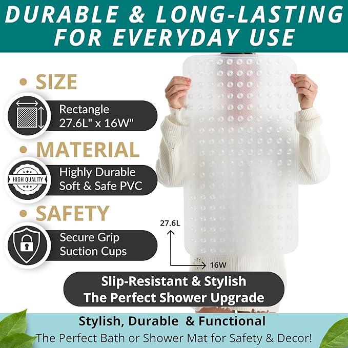 ENKOSI Non Slip Shower Mat – Bath Mat for Tub and Shower Floors – Anti Slip Bathtub Mat with Strong Suction Cup Grip – Soft, White Bathroom Mat for Inside Baths and Showers (28x16 Clear) - ModernBath