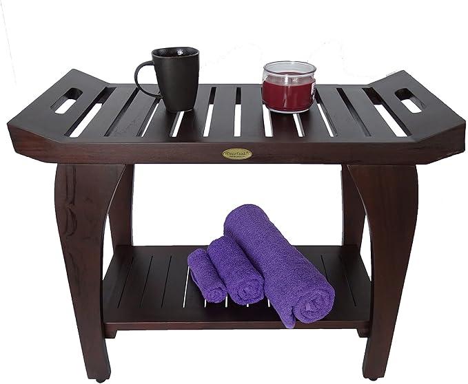 DecoTeak Tranquility 30 Inch Extended Height Brown Waterproof Teak Wood Shower Bench Stool Seat Chair for Inside Shower Storage Shelf Provides Safety Storage and Organization for Bathroom Accessories - ModernBath