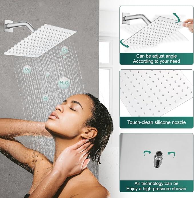 Heyalan 8 Inch Shower Head and Handle Set Square Shower Faucet Set Bathroom Rainfall Shower Faucet Set Stainless Steel Showerhead Single Function Shower Trim Kit,Male Thread Valve,Polished Chrome - ModernBath
