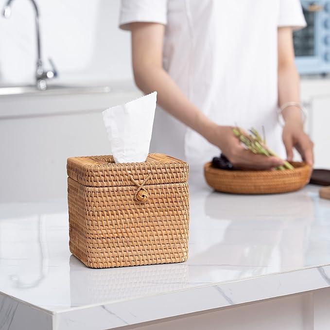 Rattan Square Tissue Box Cover- 5.7" x 5.7" x 5"-Decorative Woven Facial Tissue Holder with Hinged Top Lid- Facial Box for Home, Office,Bathrooms, Decoration (Yellow) - ModernBath