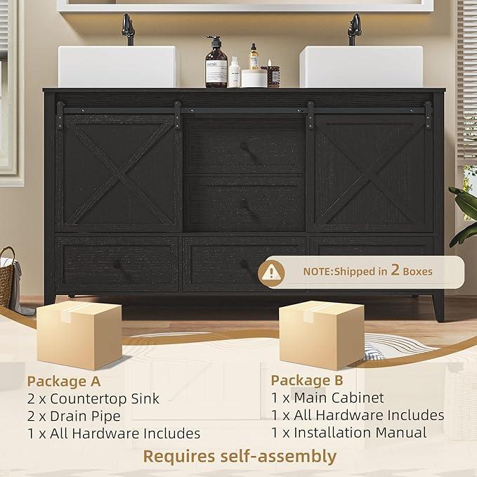 VNN Bathroom Vanity with Sink - 60 Inch Bathroom Vanity Double Sink Ceramic, Freestanding Cabinet with 2 Farmhouse Sliding Barn Doors and 5 Drawers, Space-Saving Storage Cabinet, Black Wood Grain - ModernBath