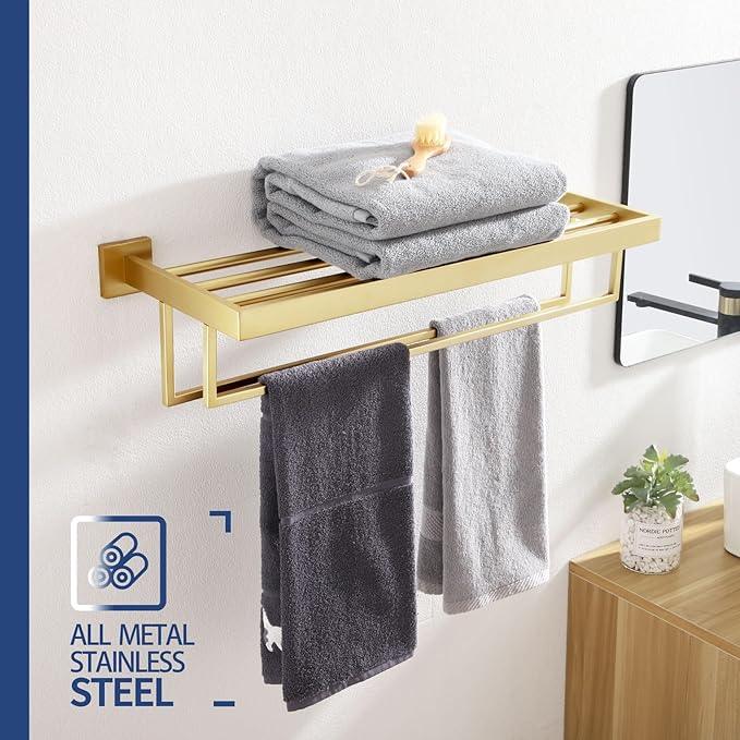 KOKOSIRI Towel Shelf Holder 24'' Bathroom Towel Rack with Two Bath Towel Bars Rails SUS304 Stainless Steel Wall Mount, Brushed Gold, B6003BG - ModernBath