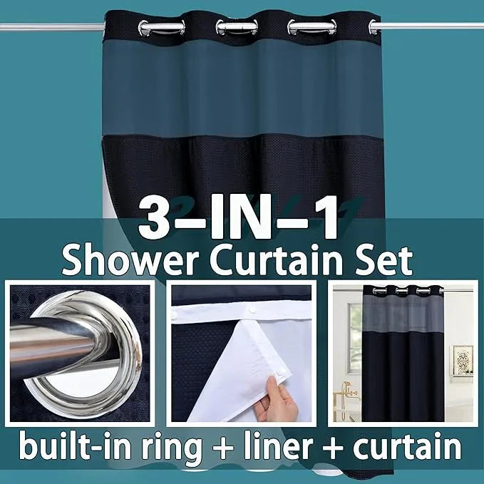 Conbo Mio Stall No Hook Waffle Weave Shower Curtain with Snap in Liner Set, Hotel Luxury Black Shower Curtains for Bathroom with See Through Top Window, Waterproof, Washable 54W x 74H - ModernBath