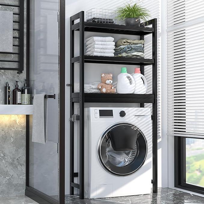 Homykic Bamboo Over The Toilet Storage Shelf, 3-Tier Above Toilet Storage Organizer Rack with 3 Hooks, Freestanding Bathroom Tower Shelf Unit for Small Space, No Rust, Easy to Assemble, Black - ModernBath
