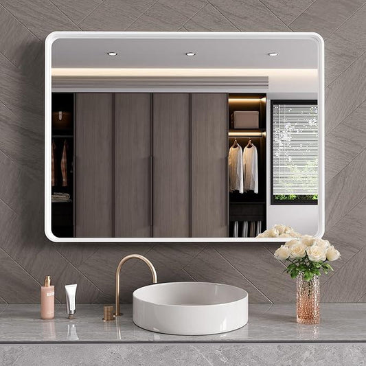 JISOSO White Bathroom Mirror 40x32 Inch, White Metal Framed Bathroom Mirror for Wall, Rounded Rectangle Matte Bathroom Vanity Mirror, Tempered Glass, Anti-Rust, Horizontal/Vertical - ModernBath